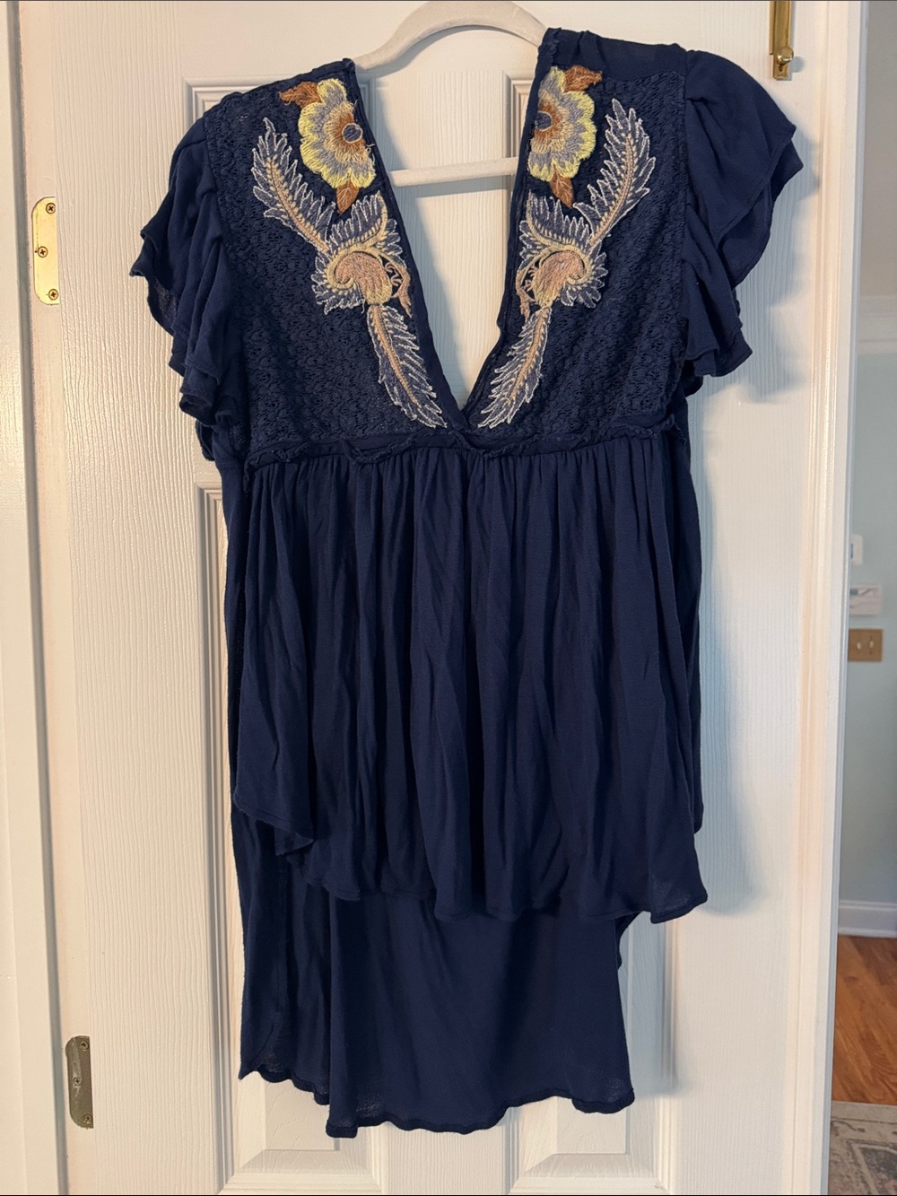 Free People Navy Embroidered V-Neck Flutter Sleeve Top